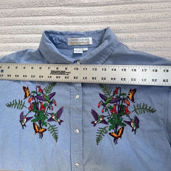Casey Coleman Womens Floral & Butterfly Embroidered Button-Up Shirt Top XL Blue - Picture 5 of 8